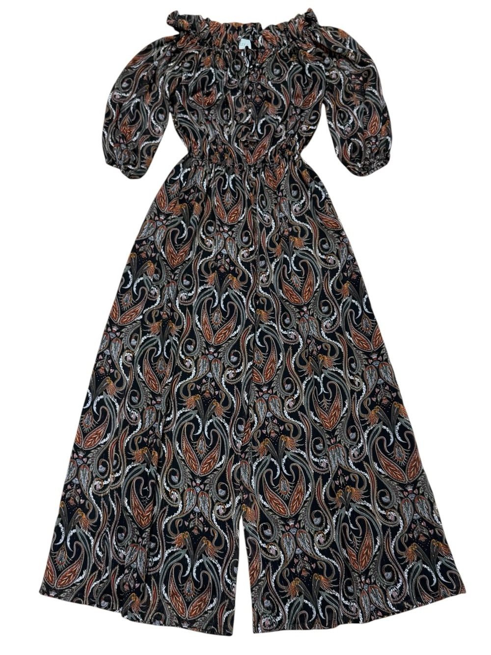 Misa Los Angeles Sz XS Jumpsuit Surya Off-Shoulder Black Paisley Fall Boho Retro